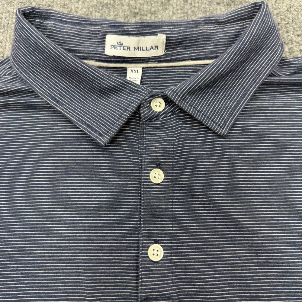 Peter Millar Mens XXL Navy Blue White Micro Stripe Pima Cotton Silk Polo Shirt - Picture 2 of 8